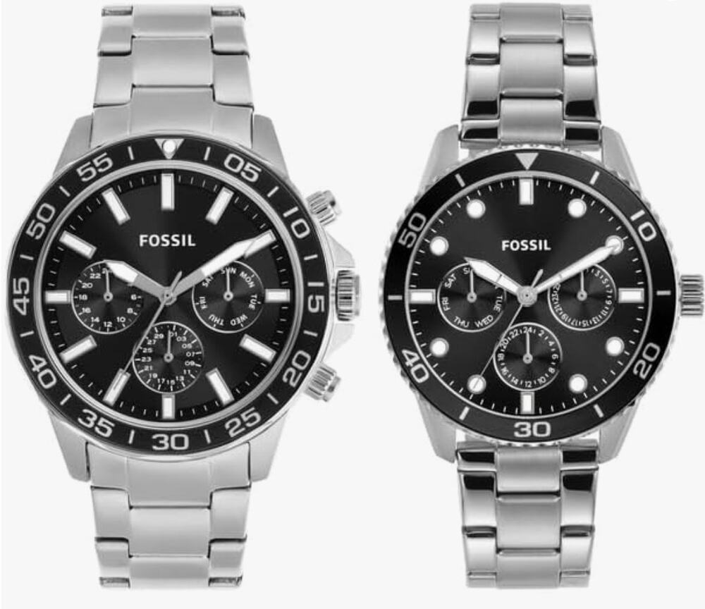 His and Hers Multifunction Stainless Steel Watch Set Fossil